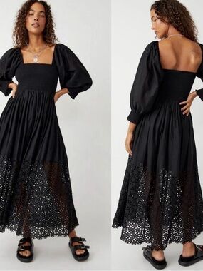 Free People Black Puff-Sleeve Eyelet Hem Maxi Dress